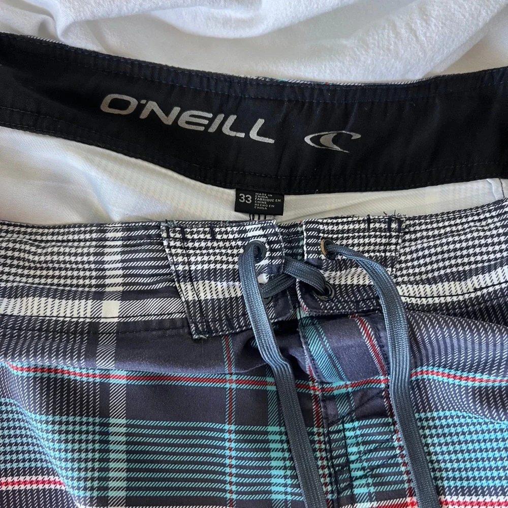 O'Neill Mens Santa Cruz Plaid Board Shorts Size 33 Navy Blue Teal Red 11